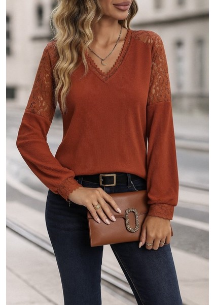 Kadın Uzun Kollu V Yakalı Dantelli Waffle Bluz fırsatları