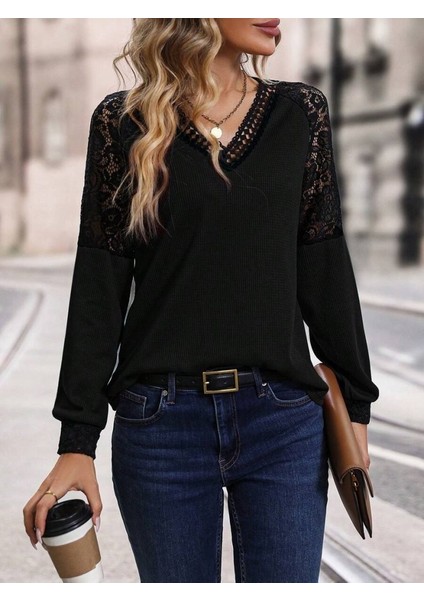 Kadın Uzun Kollu V Yakalı Dantelli Waffle Bluz fiyatları