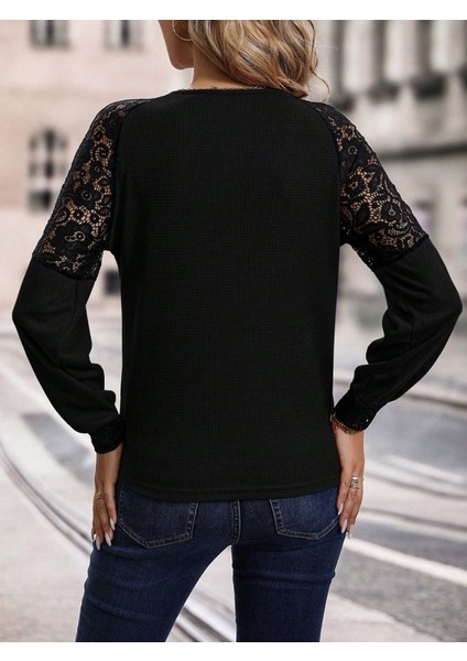 Kadın Uzun Kollu V Yakalı Dantelli Waffle Bluz fırsatları