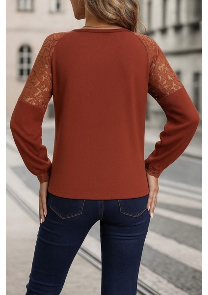 Kadın Uzun Kollu V Yakalı Dantelli Waffle Bluz modelleri
