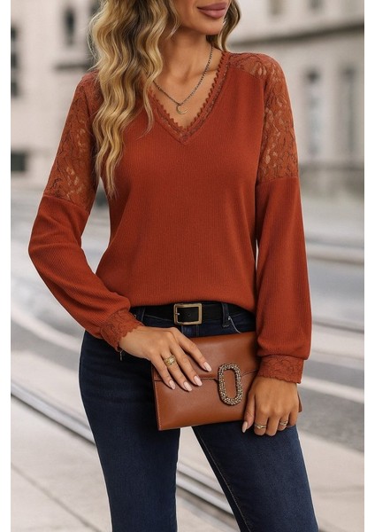 Kadın Uzun Kollu V Yakalı Dantelli Waffle Bluz