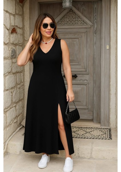 Kadın Askılı V Yakalı Yırtmaçlı Viskon Elbise