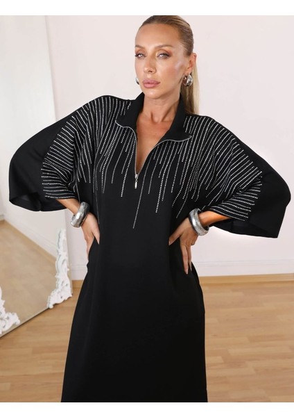 Kadın Hakim Yaka Fakir Kol Taş Detay Maxi Boy Salaş Elbise modelleri