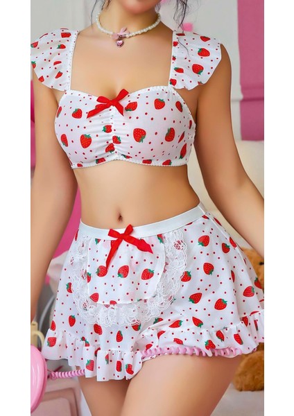 Beyaz Çilek Desenli Etekli Fantezi Sütyen Takım