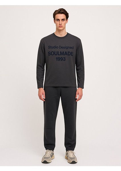 Uzun Kollu Sloganlı Bisiklet Yaka Basıc Antrasit Sweatshırt