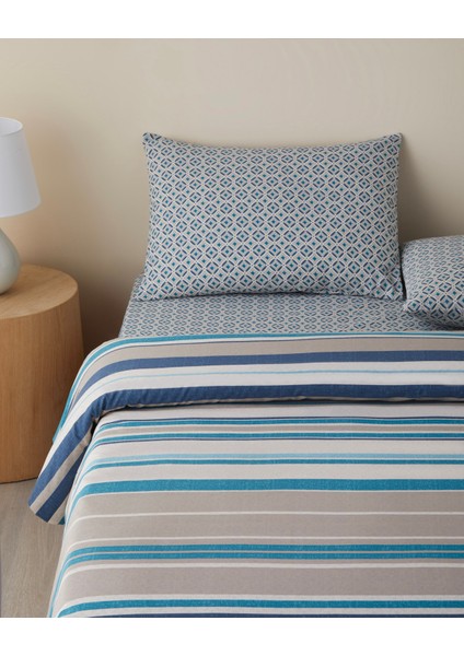 Line Motion Kolay Ütülenir Tek Kişilik Nevresim Takımı 160X220 cm Lacivert - Bej fiyatları