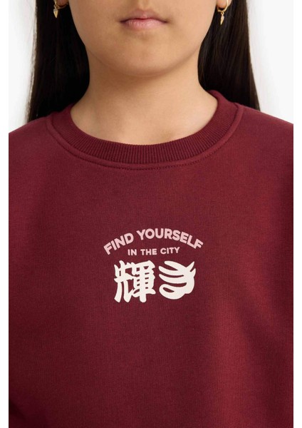 Kız Çocuk Relax Fit Bisiklet Yaka Baskılı İçi Yumuşak Tüylü Sweatshirt E6779A825WN fırsatları