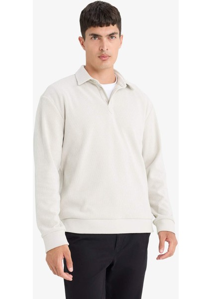 Regular Fit Polo Yaka Yarım Fermuarlı Fitilli Kadife Sweatshirt E9410AX25AU fırsatları