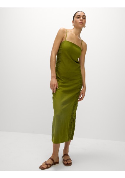 Keten Karışımlı Midi Düz Elbise