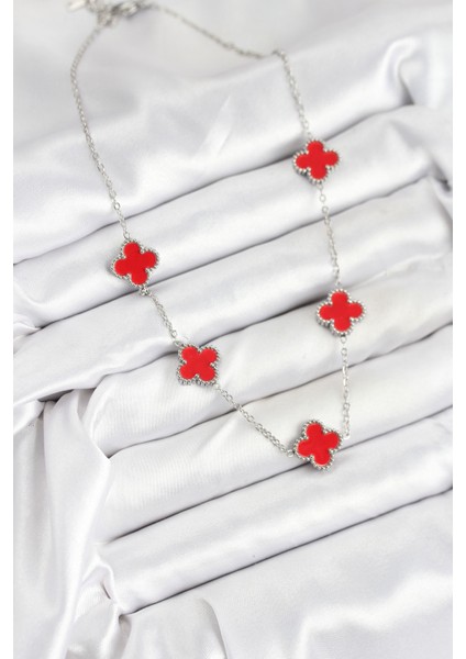 Zincir Gümüş Kırmızı Renk Yonca Kadın Kolye - EBJ250920W37851 fiyatları