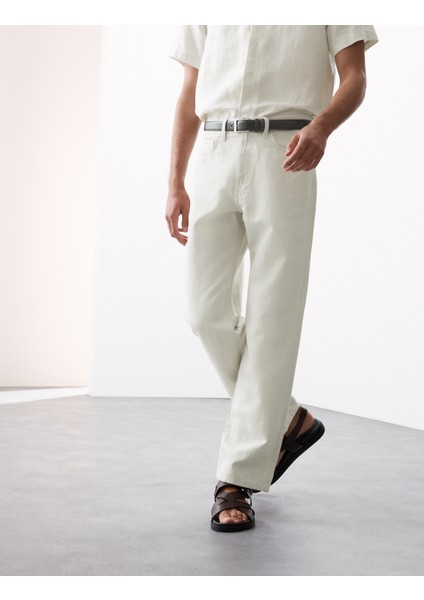 Keten Karışımlı Geniş Paça Jean Pantolon