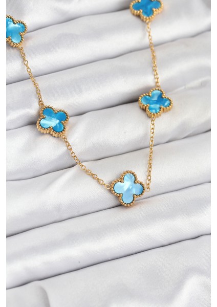 Zincir Gold Buz Mavisi Renk Yonca Kolye - EBJ250920W37831