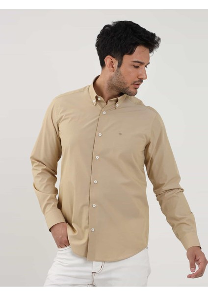 Camel Erkek Regular Fit Düz Brent Düğmeli Yaka Uzun Kol Gömlek