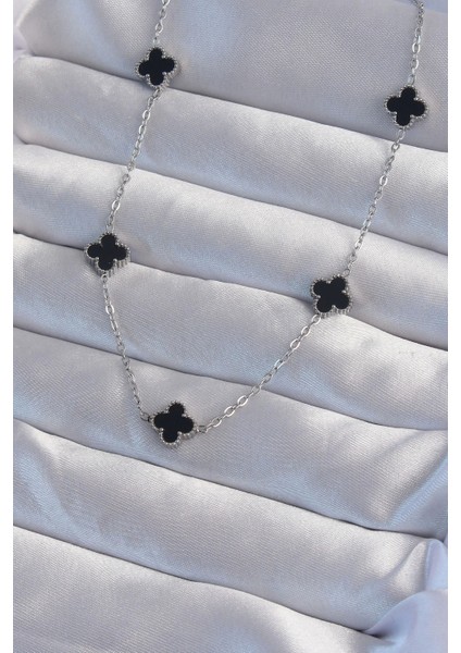 316L Çelik Gümüş Renk Minimal Siyah Mineli Yonca Kolye - TJ-BKO9003