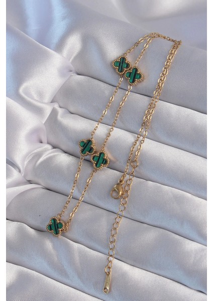 316L Çelik Gold Renk Minimal Yeşil Mineli Yonca Kolye - TJ-BKO9000 fiyatları