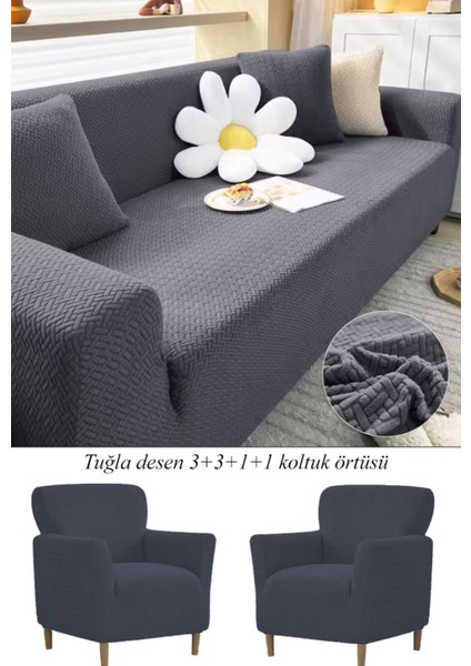 Jakarlı Tuğla Desen 3311 Koltuk Örtüsü Çekyat Kanepe Kılıfı Lastikli Kayma Yapmayan