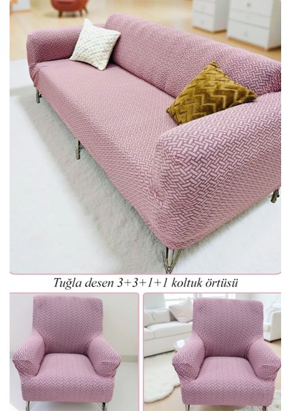 Jakarlı Tuğla Desen 3311 Koltuk Örtüsü Çekyat Kanepe Kılıfı Lastikli Kayma Yapmayan