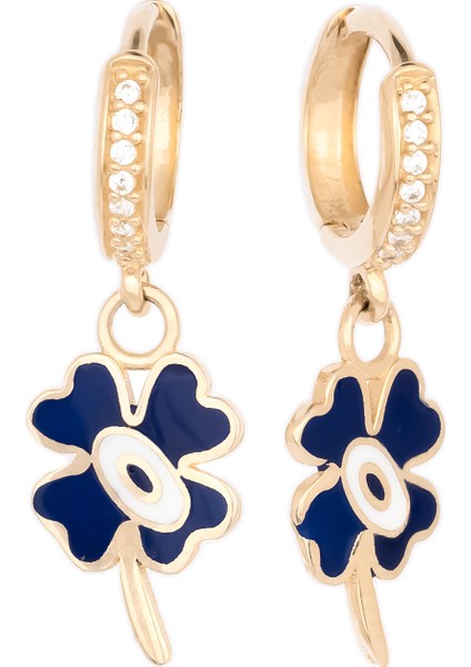 Mavi Mineli Yonca Sallantılı Küpe 14 Ayar Altın