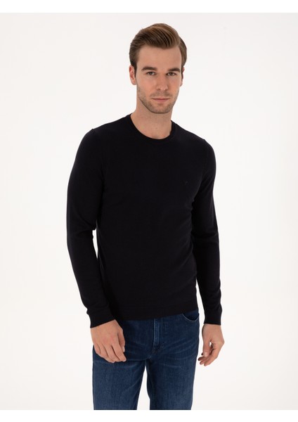 Erkek Lacivert Slim Fit Pamuk Karışımlı Bisiklet Yaka Basic Triko Kazak 50318620-VR033