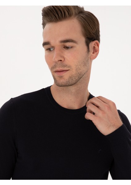 Erkek Lacivert Slim Fit Pamuk Karışımlı Bisiklet Yaka Basic Triko Kazak 50318620-VR033