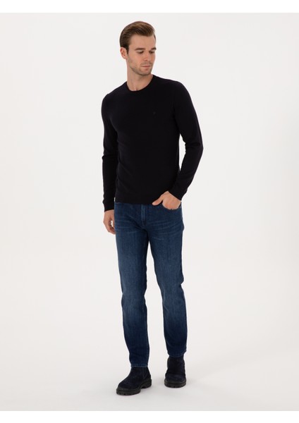 Erkek Lacivert Slim Fit Pamuk Karışımlı Bisiklet Yaka Basic Triko Kazak 50318620-VR033