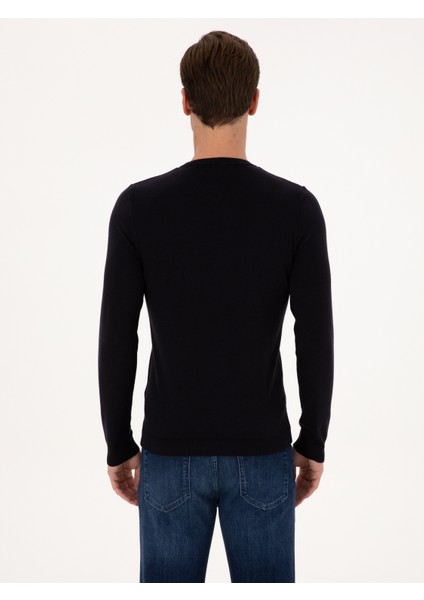 Erkek Lacivert Slim Fit Pamuk Karışımlı Bisiklet Yaka Basic Triko Kazak 50318620-VR033