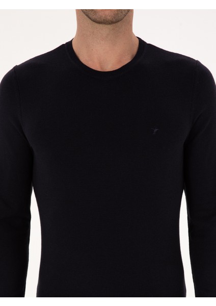 Erkek Lacivert Slim Fit Pamuk Karışımlı Bisiklet Yaka Basic Triko Kazak 50318620-VR033