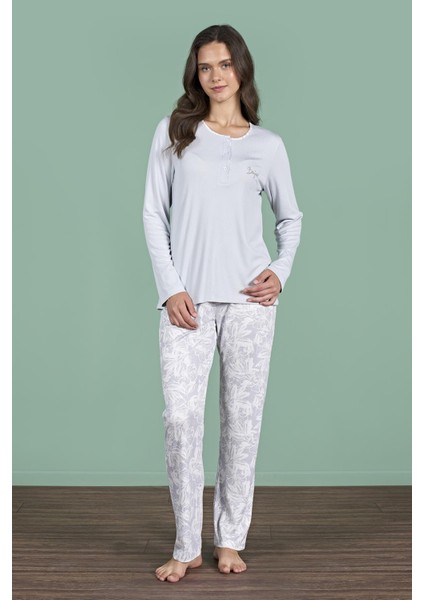 Kadın Büyük Beden Gri Renk Uzun Kollu Düğmeli Pijama Takımı C9T6N91 fiyatları