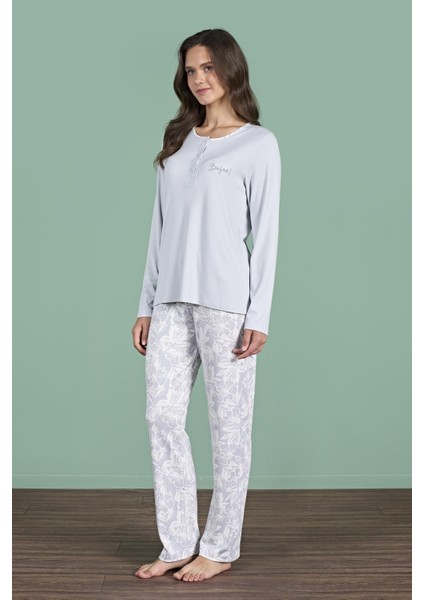 Kadın Büyük Beden Gri Renk Uzun Kollu Düğmeli Pijama Takımı C9T6N91 fırsatları