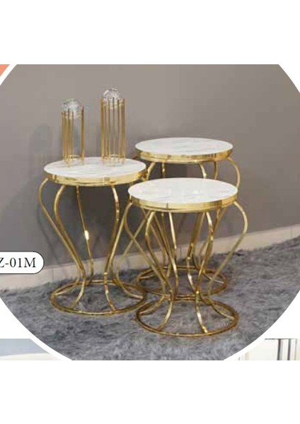 Mim Beyaz Mermer - Gold Kavanoz Zigon Sehpa
