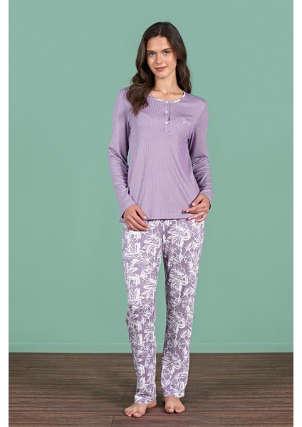 Kadın Büyük Beden Mor Renk Uzun Kollu Düğmeli Pijama Takımı C9T6N91