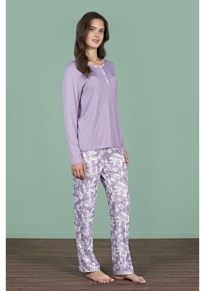 Kadın Büyük Beden Mor Renk Uzun Kollu Düğmeli Pijama Takımı C9T6N91 modelleri