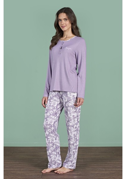 Kadın Büyük Beden Mor Renk Uzun Kollu Düğmeli Pijama Takımı C9T6N91 fırsatları