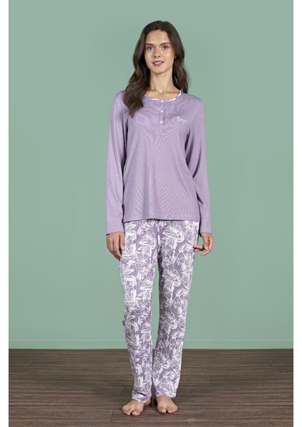 Kadın Büyük Beden Mor Renk Uzun Kollu Düğmeli Pijama Takımı C9T6N91 fiyatları