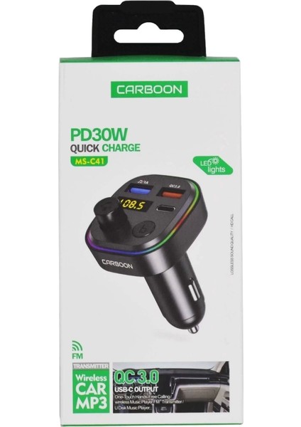 Fm Transmitter - MS-C41 Premium 30W Üç Girişli 5.0 Bluetooth Fm Transmitter - Çakmaklıktan Müzik Dinleme