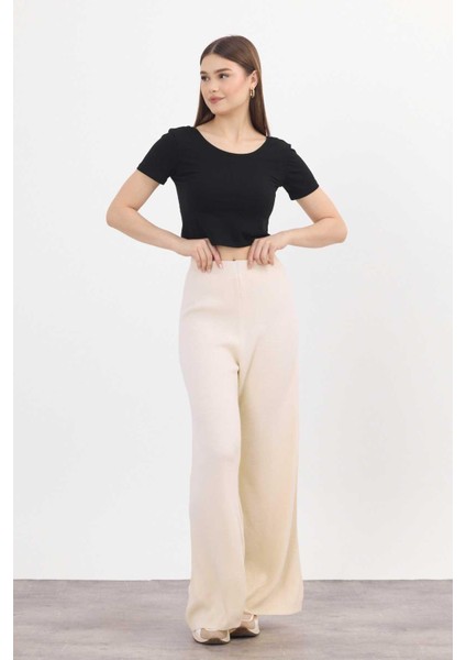 23274 Geniş Paça Triko Pantolon Krem