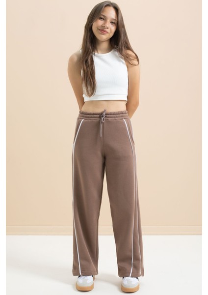 Kahve Yanları Şeritli Geniş Paça Kız Çocuk Şardonlu Eşofman Altı 21463