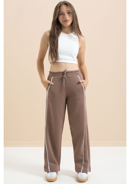 Kahve Yanları Şeritli Geniş Paça Kız Çocuk Şardonlu Eşofman Altı 21463 fiyatları