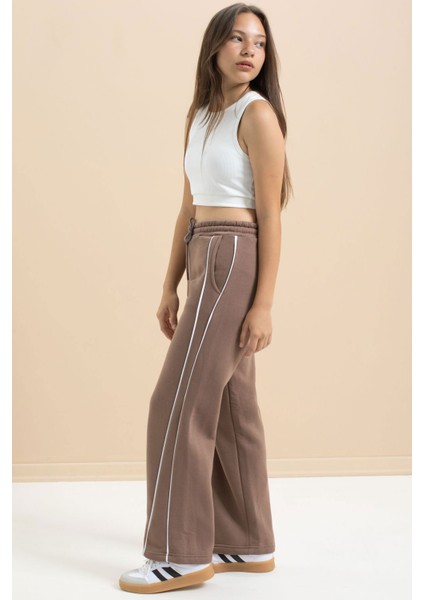 Kahve Yanları Şeritli Geniş Paça Kız Çocuk Şardonlu Eşofman Altı 21463 modelleri