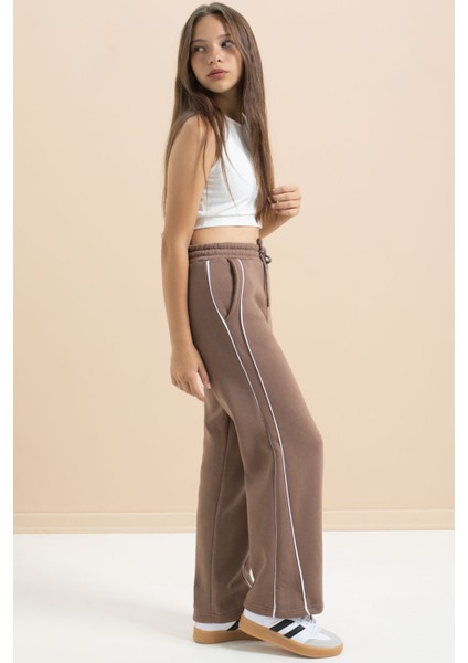 Kahve Yanları Şeritli Geniş Paça Kız Çocuk Şardonlu Eşofman Altı 21463 indirimleri