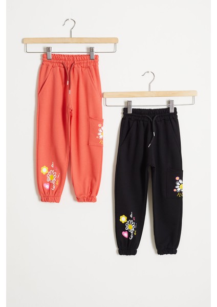 Kız Çocuk Paçası Çiçek Baskılı 2li Eşofman Altı Siyah-Turuncu 18389