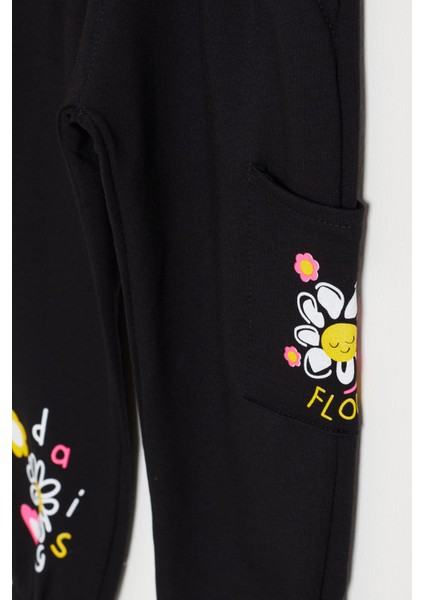 Kız Çocuk Paçası Çiçek Baskılı 2li Eşofman Altı Siyah-Turuncu 18389 fiyatları