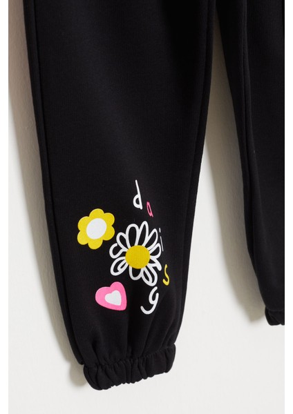 Kız Çocuk Paçası Çiçek Baskılı 2li Eşofman Altı Siyah-Turuncu 18389 modelleri