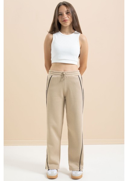 Bej Yanları Şeritli Geniş Paça Kız Çocuk Şardonlu Eşofman Altı 21468