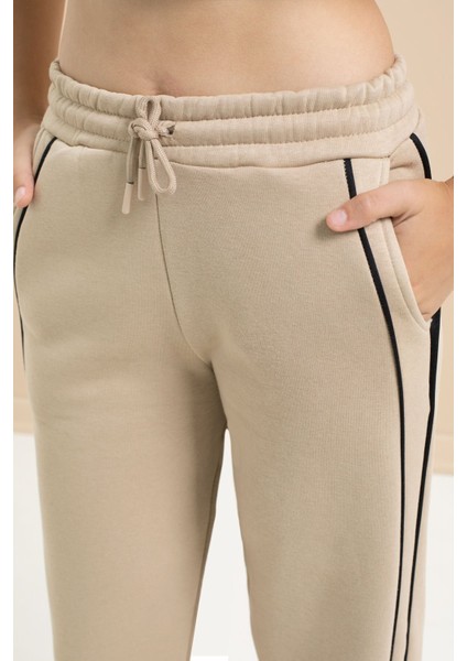 Bej Yanları Şeritli Geniş Paça Kız Çocuk Şardonlu Eşofman Altı 21468 fiyatları