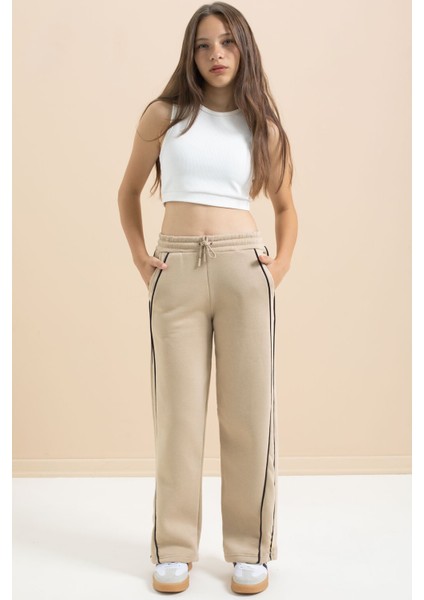 Bej Yanları Şeritli Geniş Paça Kız Çocuk Şardonlu Eşofman Altı 21468 fırsatları