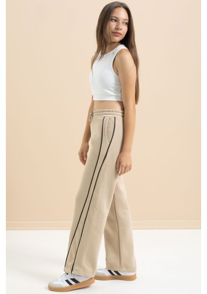 Bej Yanları Şeritli Geniş Paça Kız Çocuk Şardonlu Eşofman Altı 21468 indirimleri