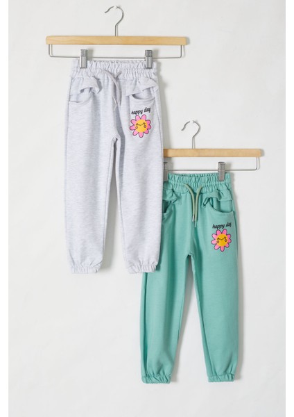 Kız Çocuk Papatya Baskılı Beli Lastikli 2'li Eşofman Altı Gri-Yeşil 18395