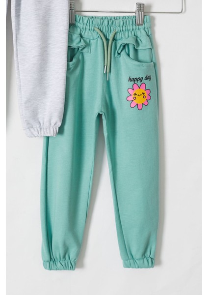 Kız Çocuk Papatya Baskılı Beli Lastikli 2'li Eşofman Altı Gri-Yeşil 18395 modelleri