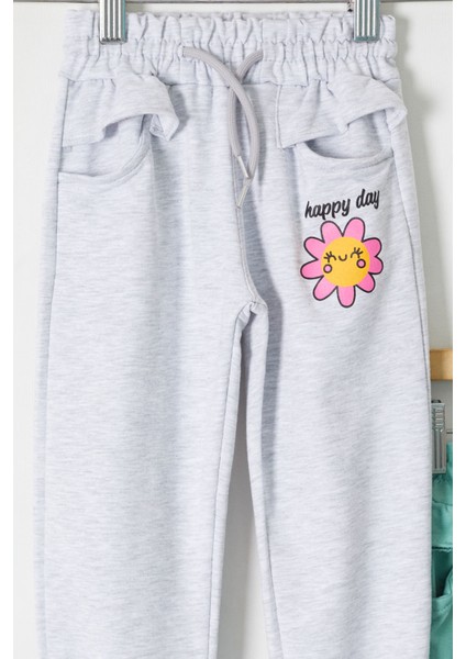Kız Çocuk Papatya Baskılı Beli Lastikli 2'li Eşofman Altı Gri-Yeşil 18395 fırsatları
